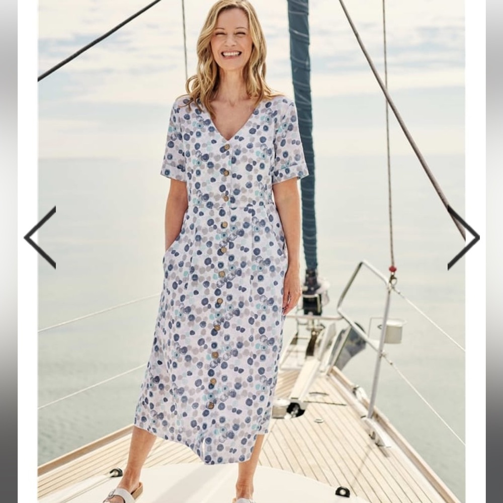 Woolovers size 10 XL Button Through 100% Linen Dress midi Blue Painted Spot
